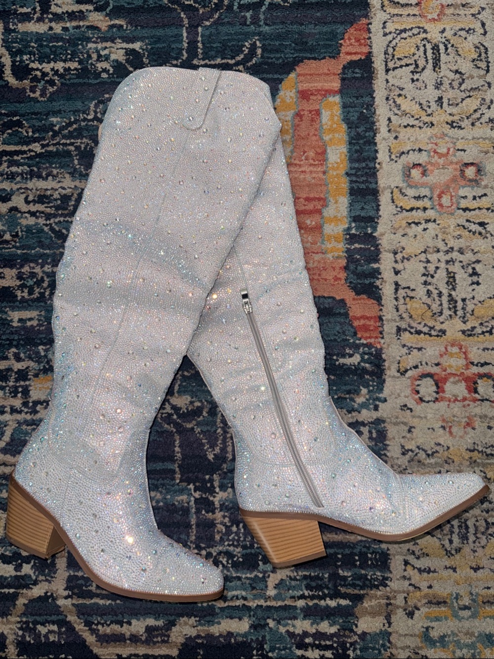 Sparkling White Knee-High Block Heel Boots